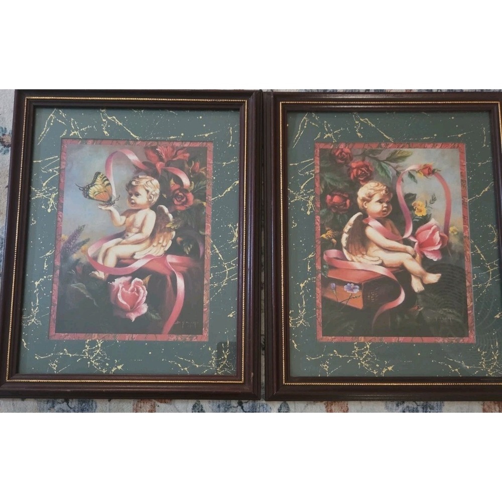 Vintage Home Interiors Pictures Signed D Giacomo Angel Cherub Set 16"x 13"